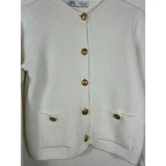 Zara Knit Gold Button Cardigan White Small Quiet Luxary Office Business Casual - Picture 5 of 8